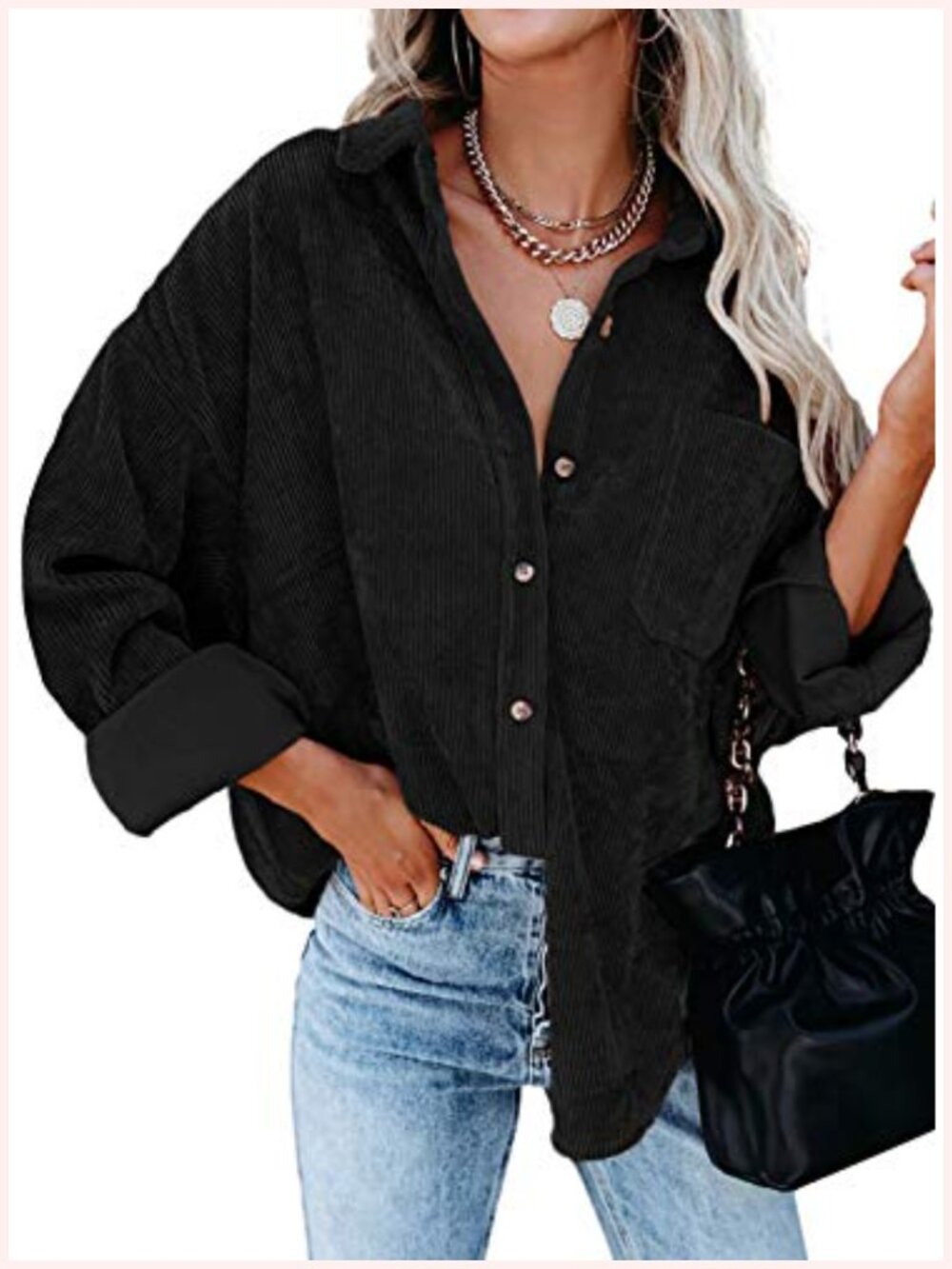 Corduroy Button Down Shirt Boyfriend Oversized Long Sleeve Blouse Top
